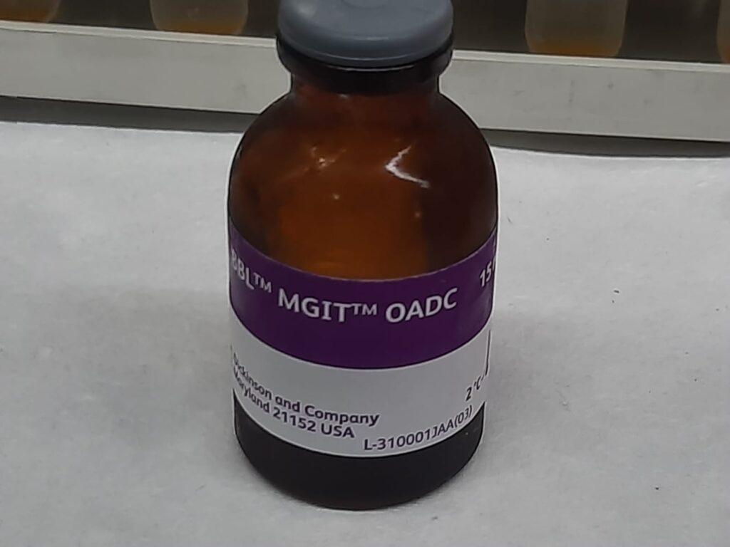 A 15 ml vial of BBL™ MGIT™ OADC enrichment supplement used for the cultivation of Mycobacterium species.