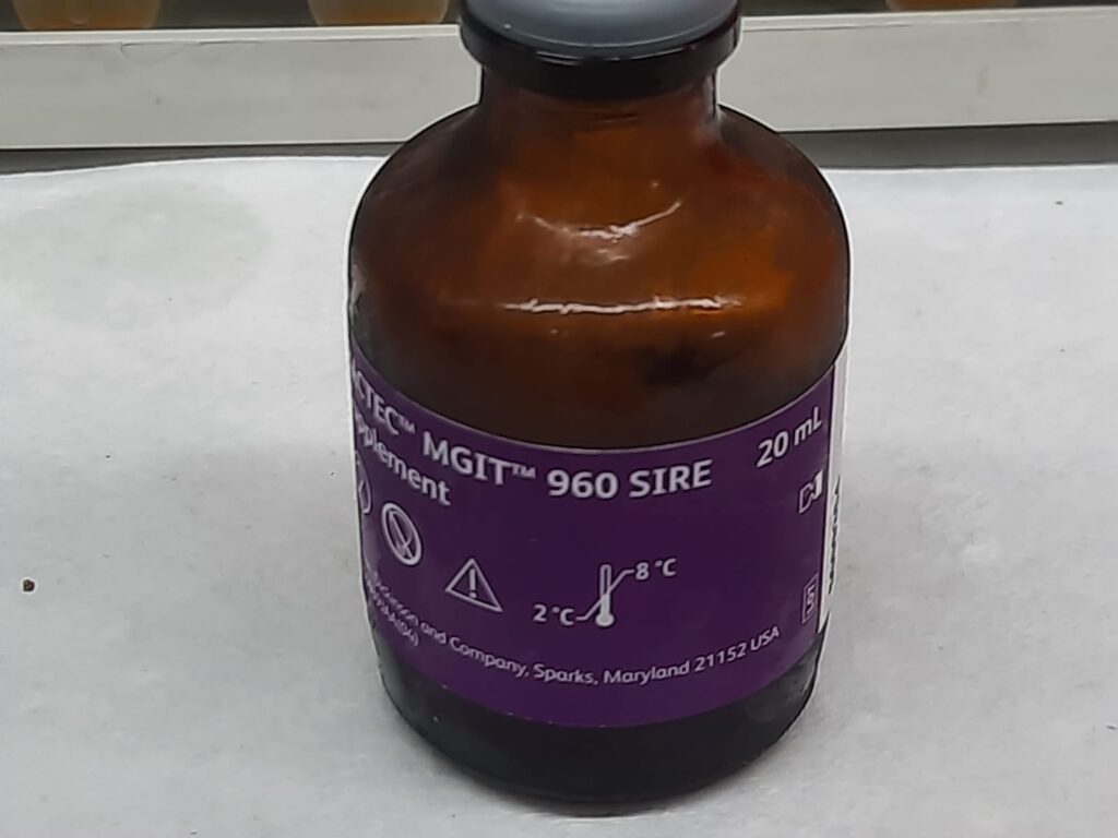 A 20 ml vial of BACTEC™ MGIT™ 960 SIRE supplement, designed for drug susceptibility testing of Mycobacterium tuberculosis