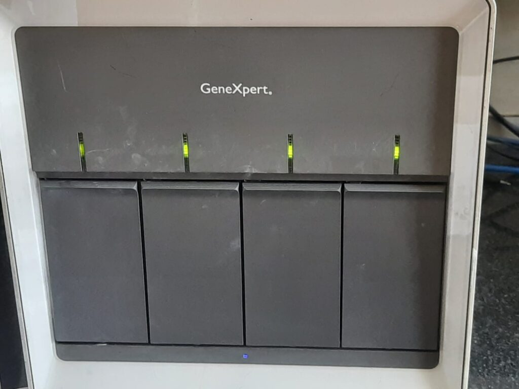 A 4-module GeneXpert system used to process Xpert MTBXDR cartridges for rapid TB diagnosis