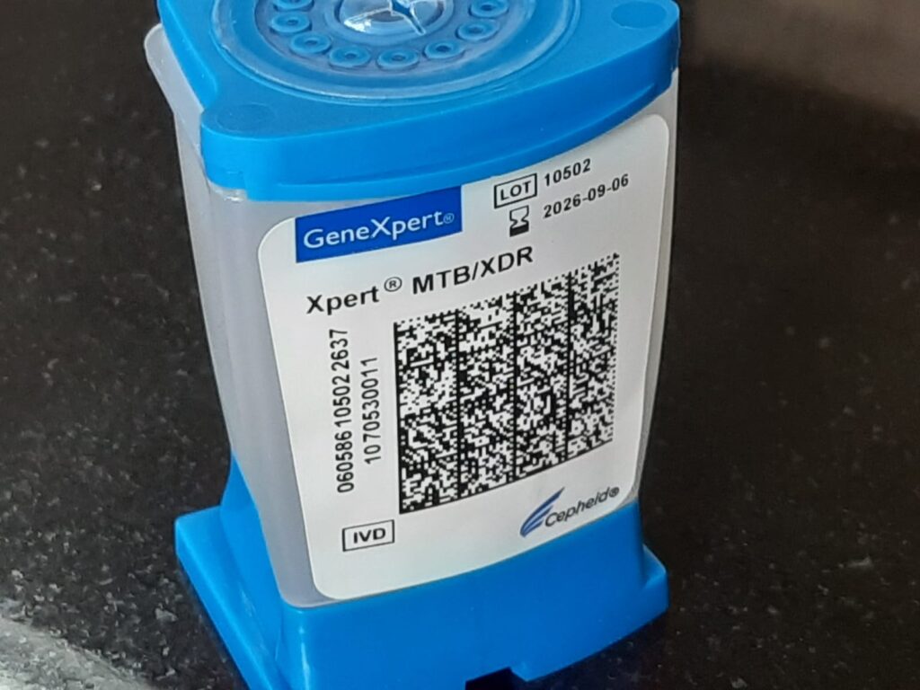 A GeneXpert MTBXDR cartridge used for rapid molecular testing of multi-drug resistant tuberculosis